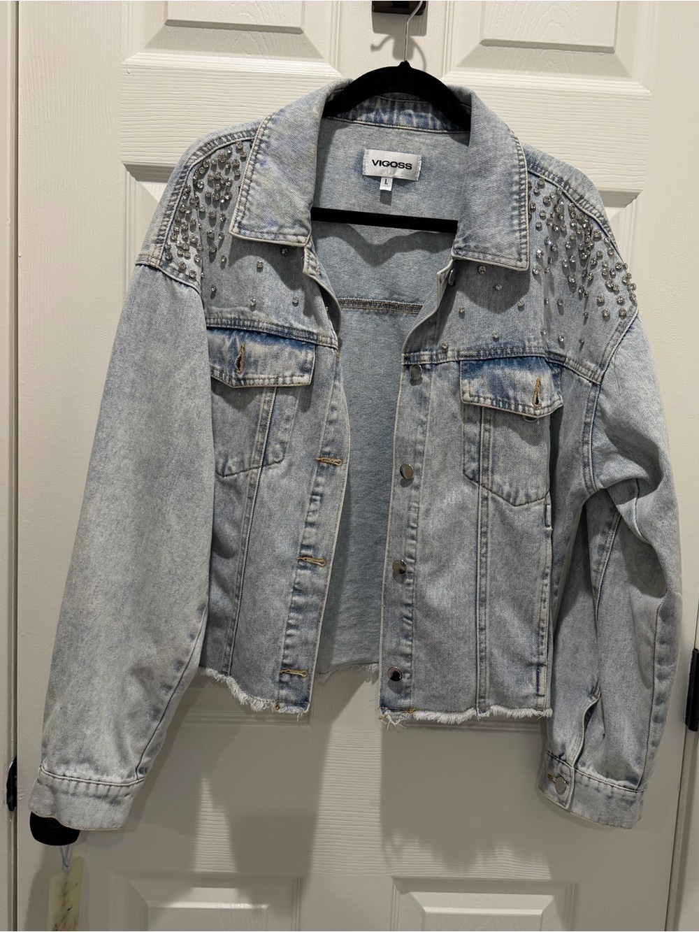 Vigoss Light Wash Studded Cropped Denim Jacket - Light Blue